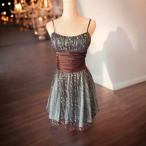 Vtg Y2K Morgan & Co Prom Dress Goth Grunge Vampy Mesh Green Brown 5/6 Fairy Mesh - Picture 1 of 7